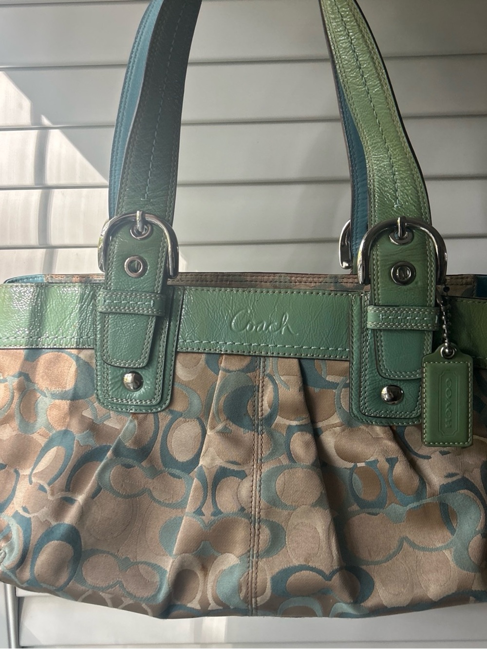 Coach Green and Tan Signature Canvas Shoulder Bag
